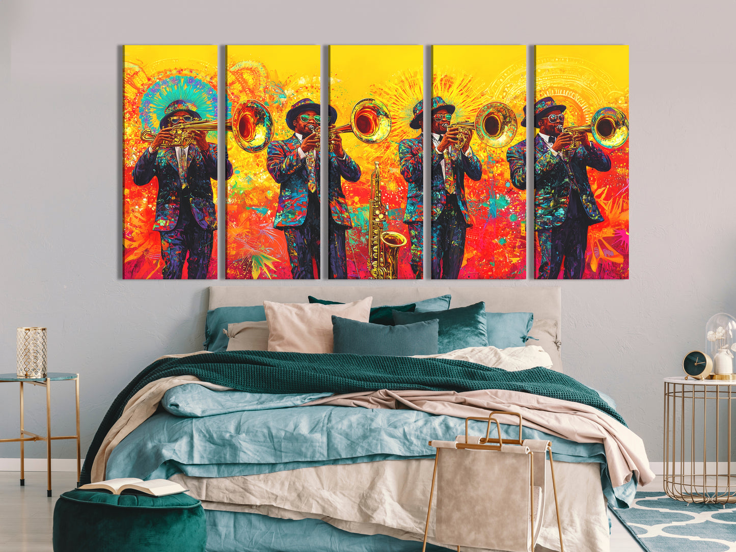 Leinwanddruck „Mardi Gras“ der Brass Band – Lebendiges New Orleans Jazz-Dekor, farbenfrohe Bläser
