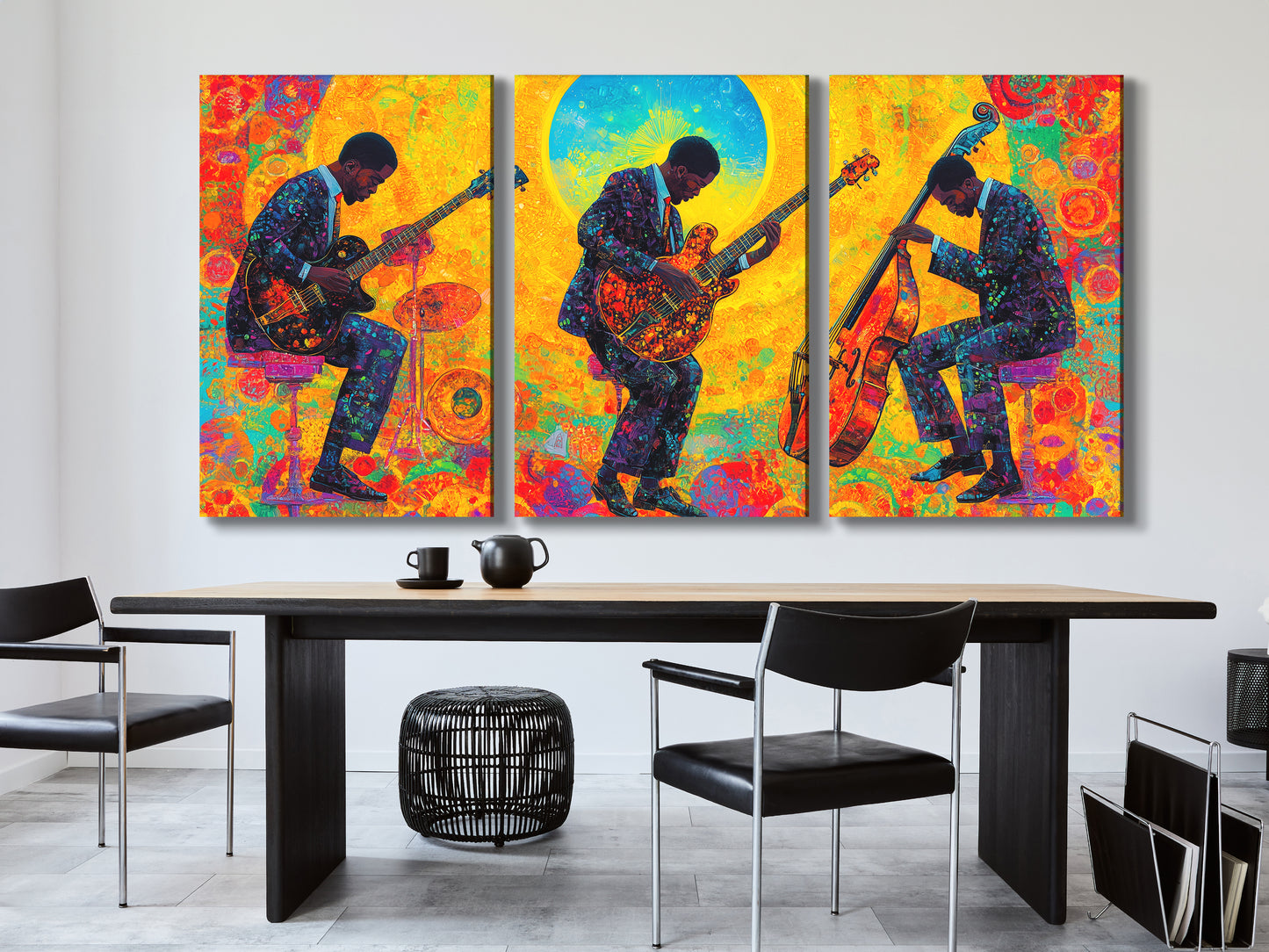 Canvasprint van drie jazzgitaar en bas – Kleurrijke jamsessie bij zonsopgang, levendige fusionmuziekdecoratie