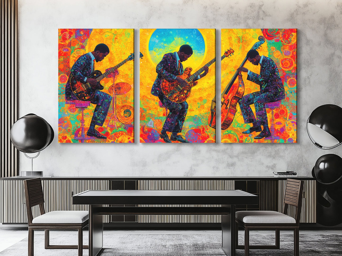 Canvasprint van drie jazzgitaar en bas – Kleurrijke jamsessie bij zonsopgang, levendige fusionmuziekdecoratie