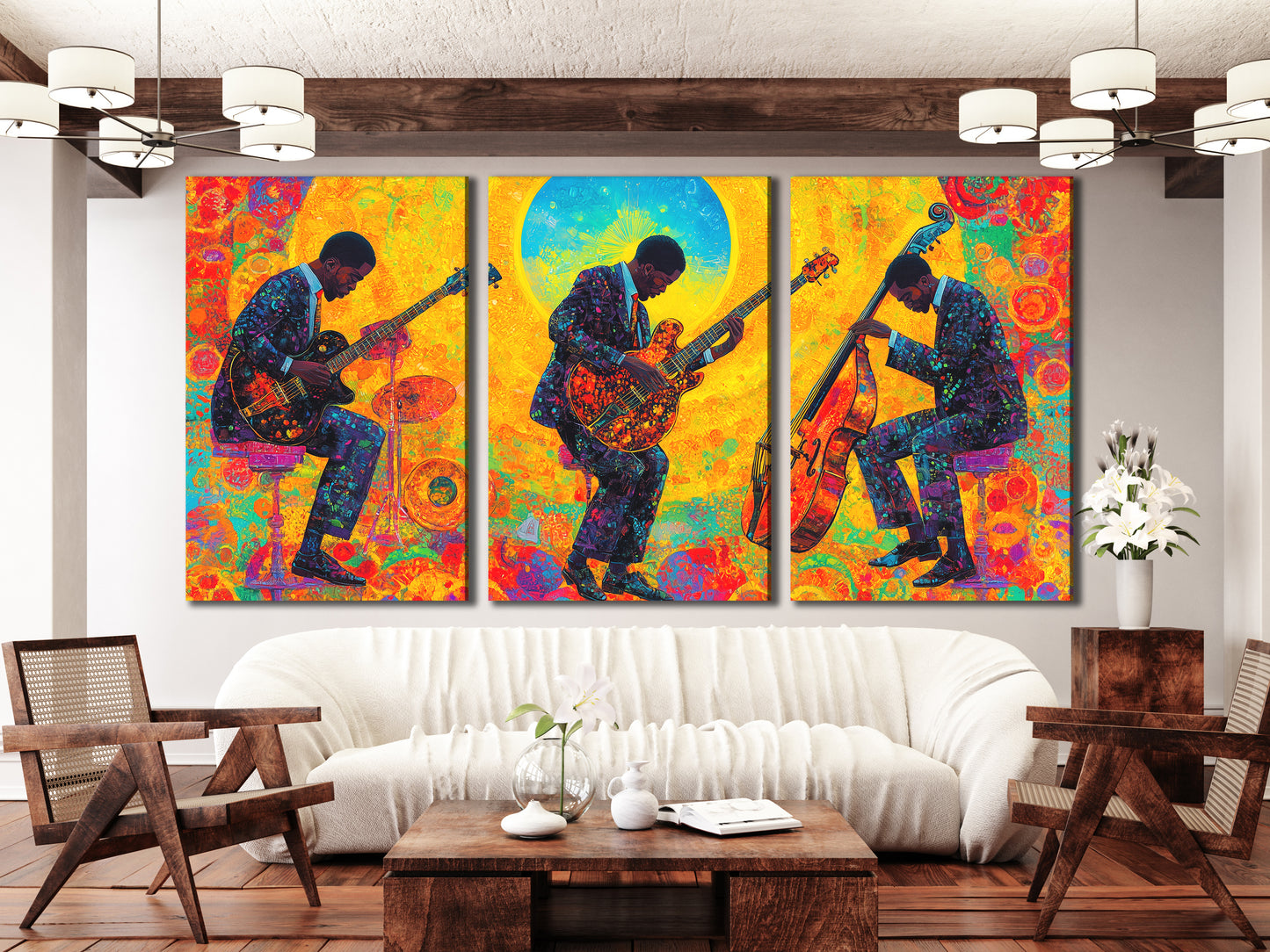 Canvasprint van drie jazzgitaar en bas – Kleurrijke jamsessie bij zonsopgang, levendige fusionmuziekdecoratie