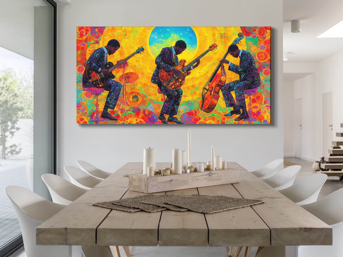Canvasprint van drie jazzgitaar en bas – Kleurrijke jamsessie bij zonsopgang, levendige fusionmuziekdecoratie