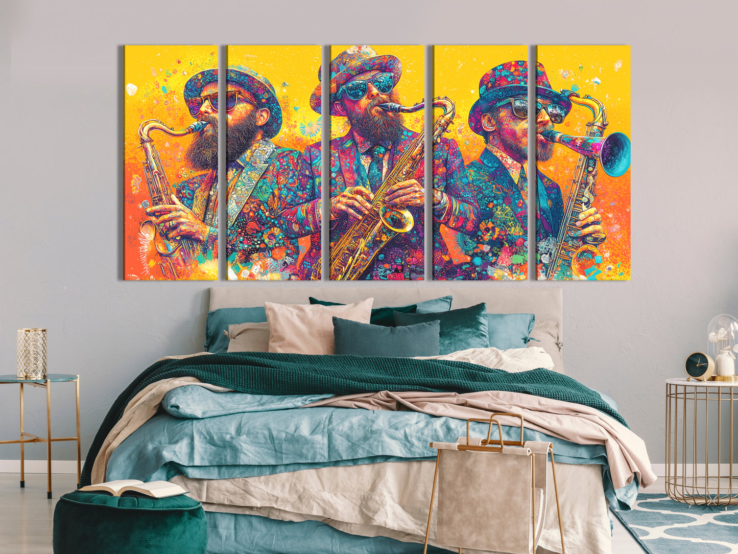 Farbenfroher Saxophon-Trio-Leinwanddruck – Festliches Kunstwerk der Saxophonisten, lebendiges Jazz-Musik-Dekor