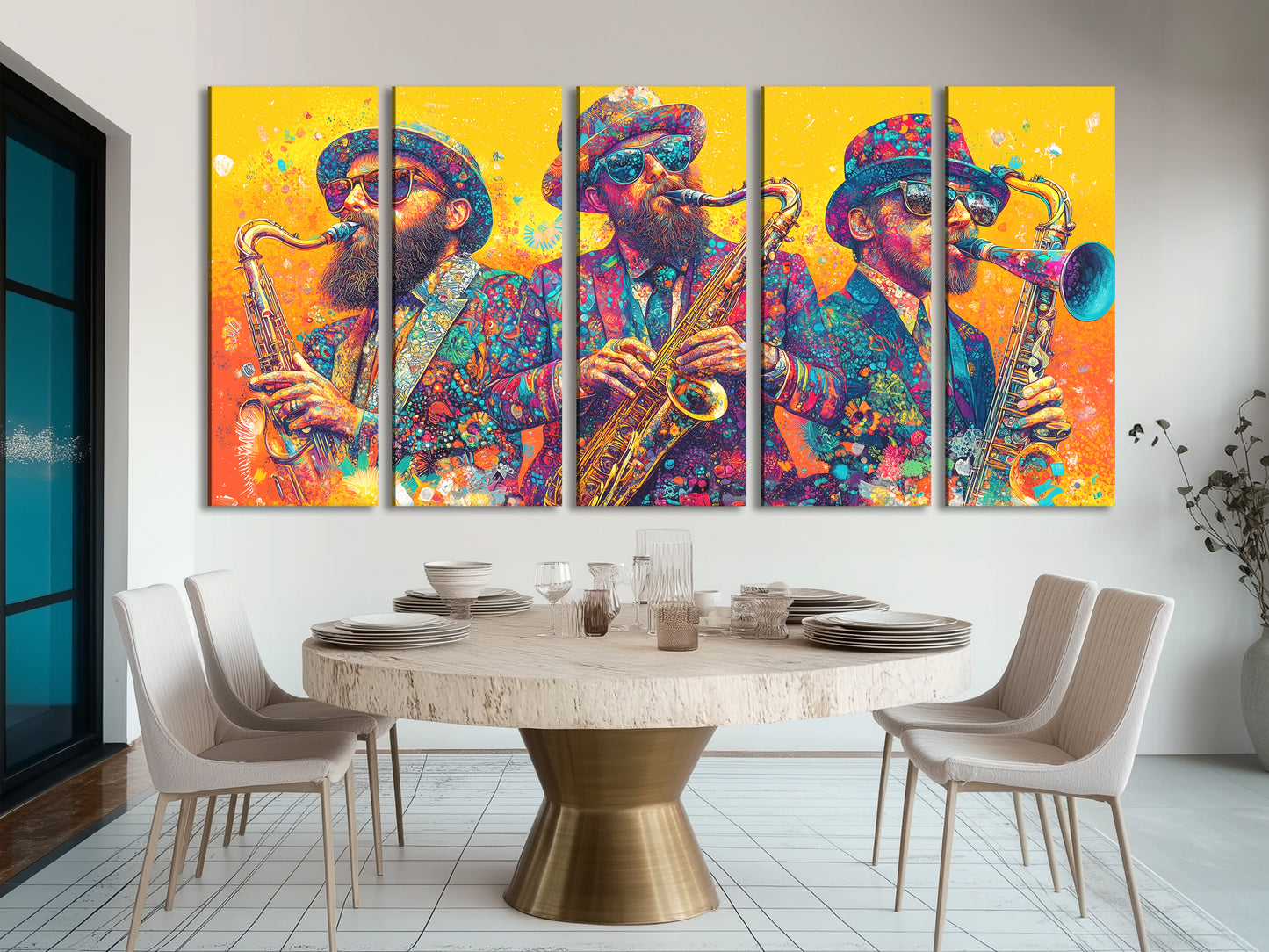 Farbenfroher Saxophon-Trio-Leinwanddruck – Festliches Kunstwerk der Saxophonisten, lebendiges Jazz-Musik-Dekor