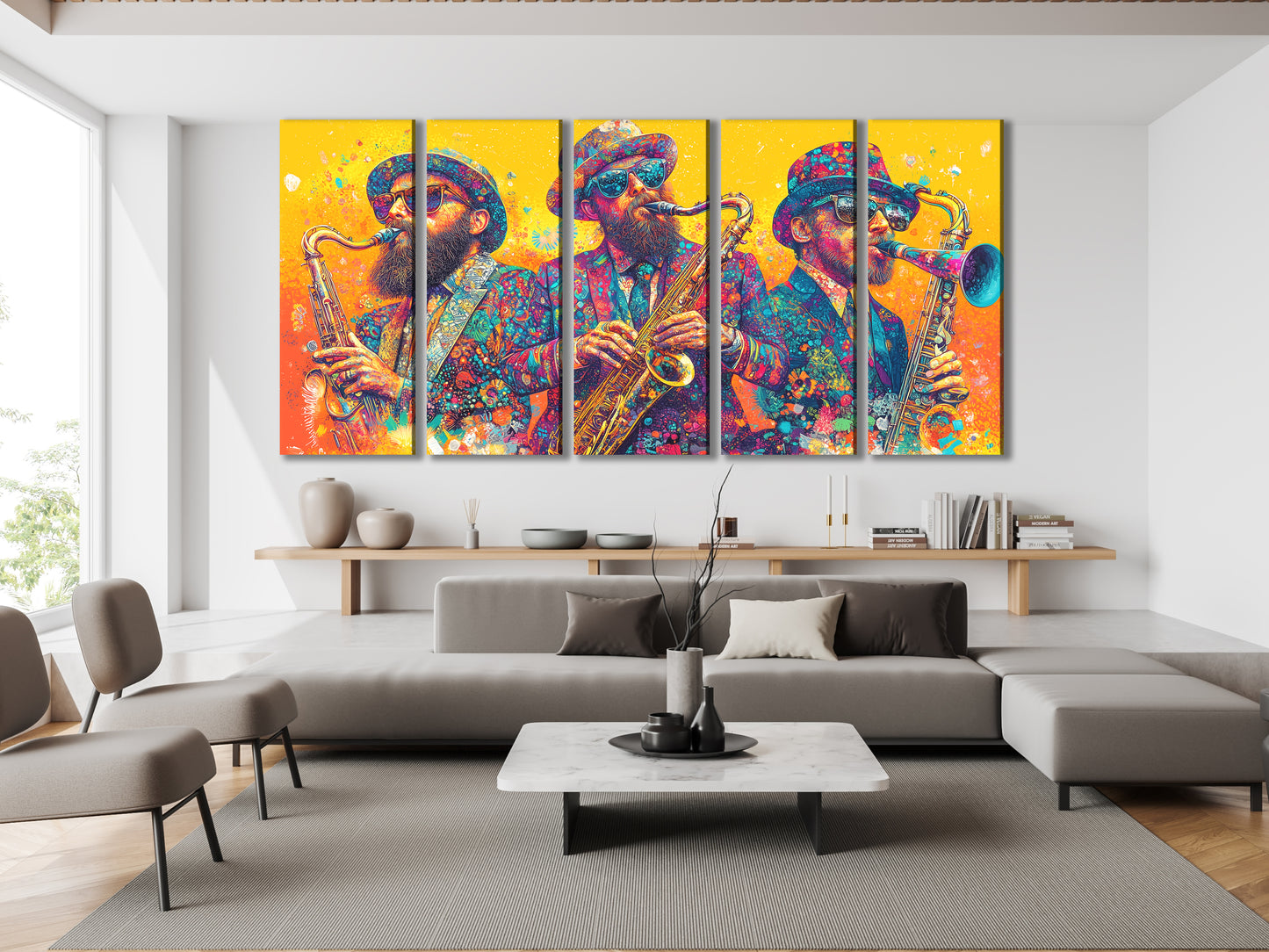 Farbenfroher Saxophon-Trio-Leinwanddruck – Festliches Kunstwerk der Saxophonisten, lebendiges Jazz-Musik-Dekor