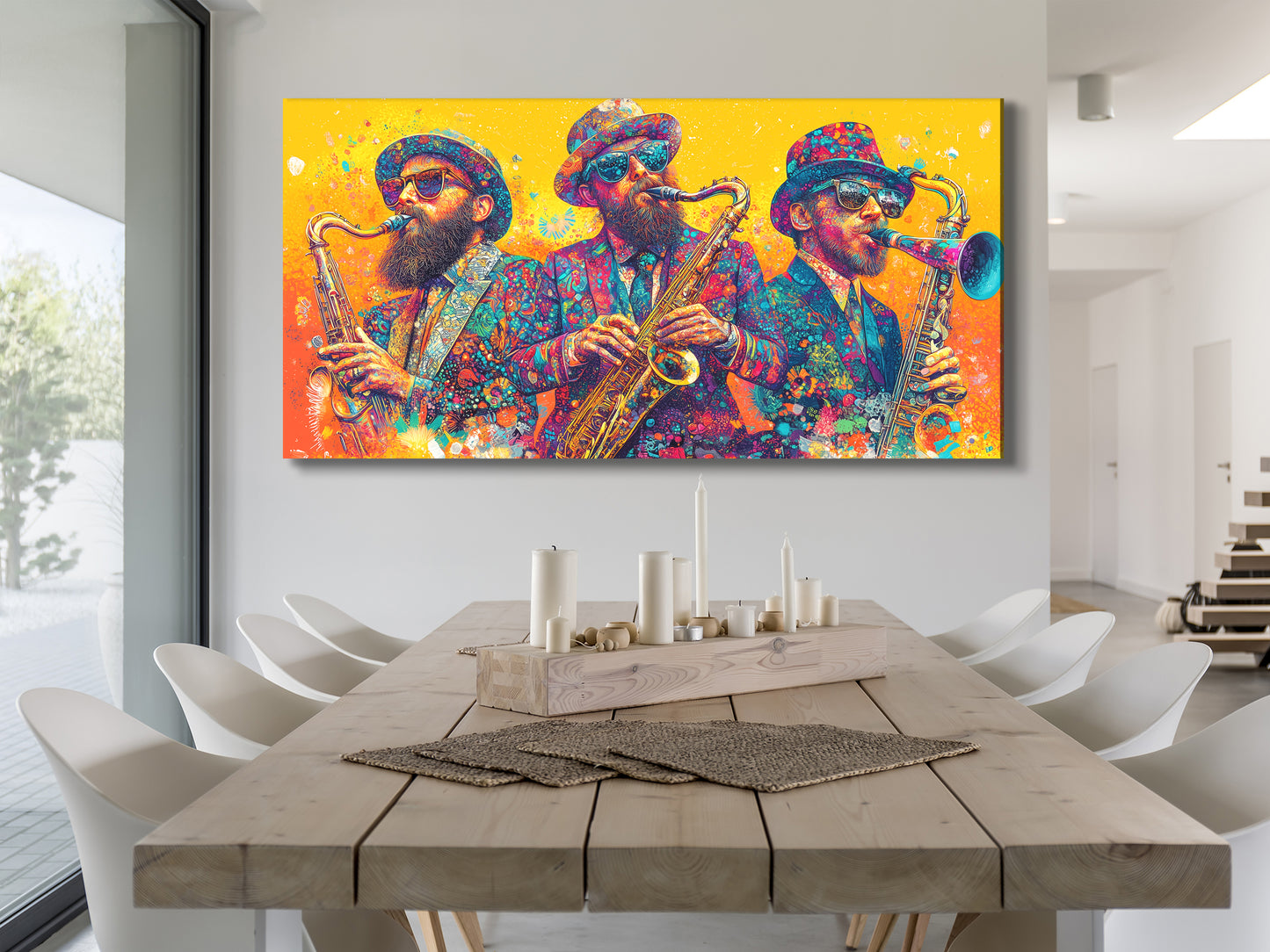 Farbenfroher Saxophon-Trio-Leinwanddruck – Festliches Kunstwerk der Saxophonisten, lebendiges Jazz-Musik-Dekor