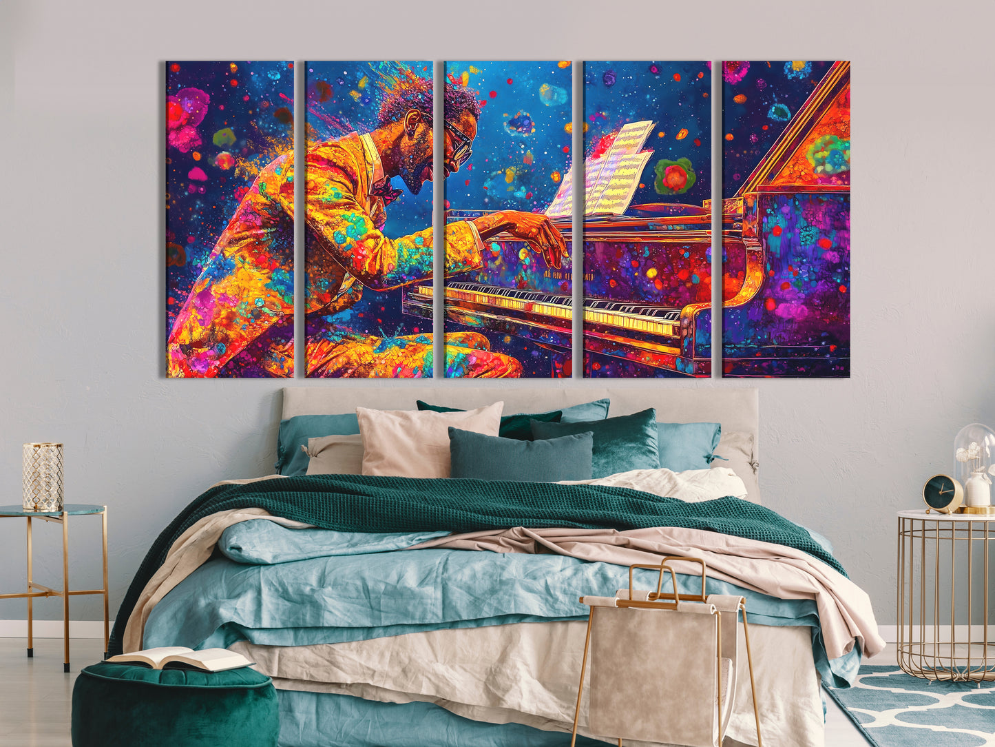 Impression sur toile de pianiste vibrant – Éclaboussure de couleurs audacieuses pour l'art du piano, décor jazz accrocheur