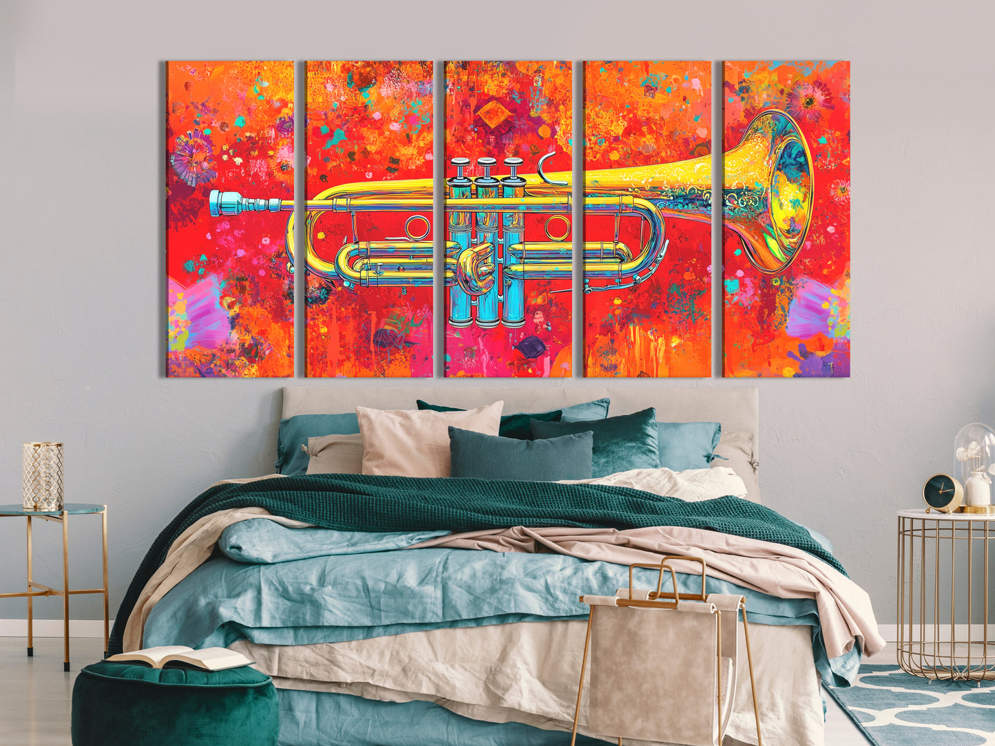 Colorful trumpet multi-panel art above a bed in a bedroom setting