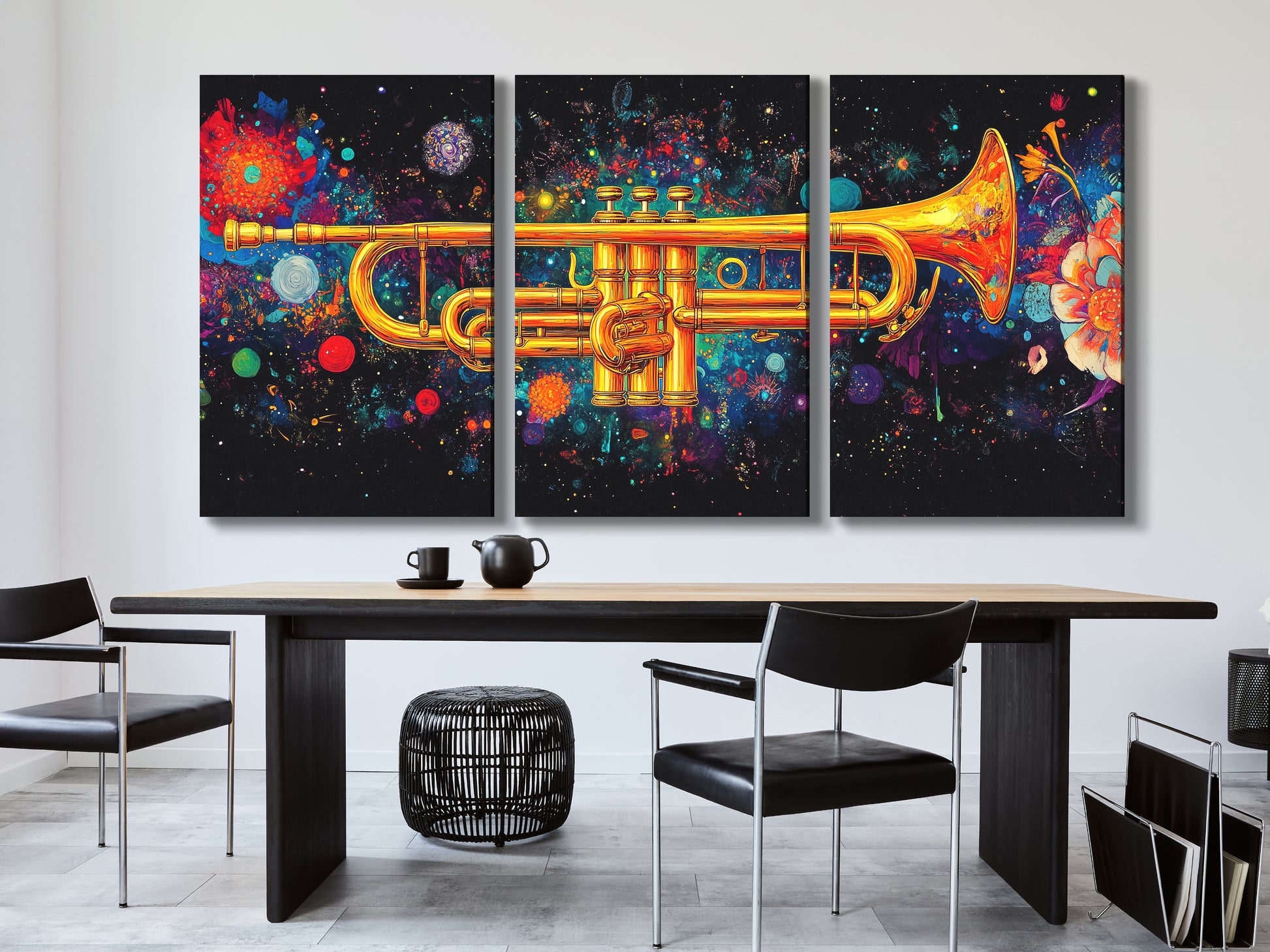 Galactic trumpet multi-panel wall art with vibrant cosmic colors above a dining table in a modern setting