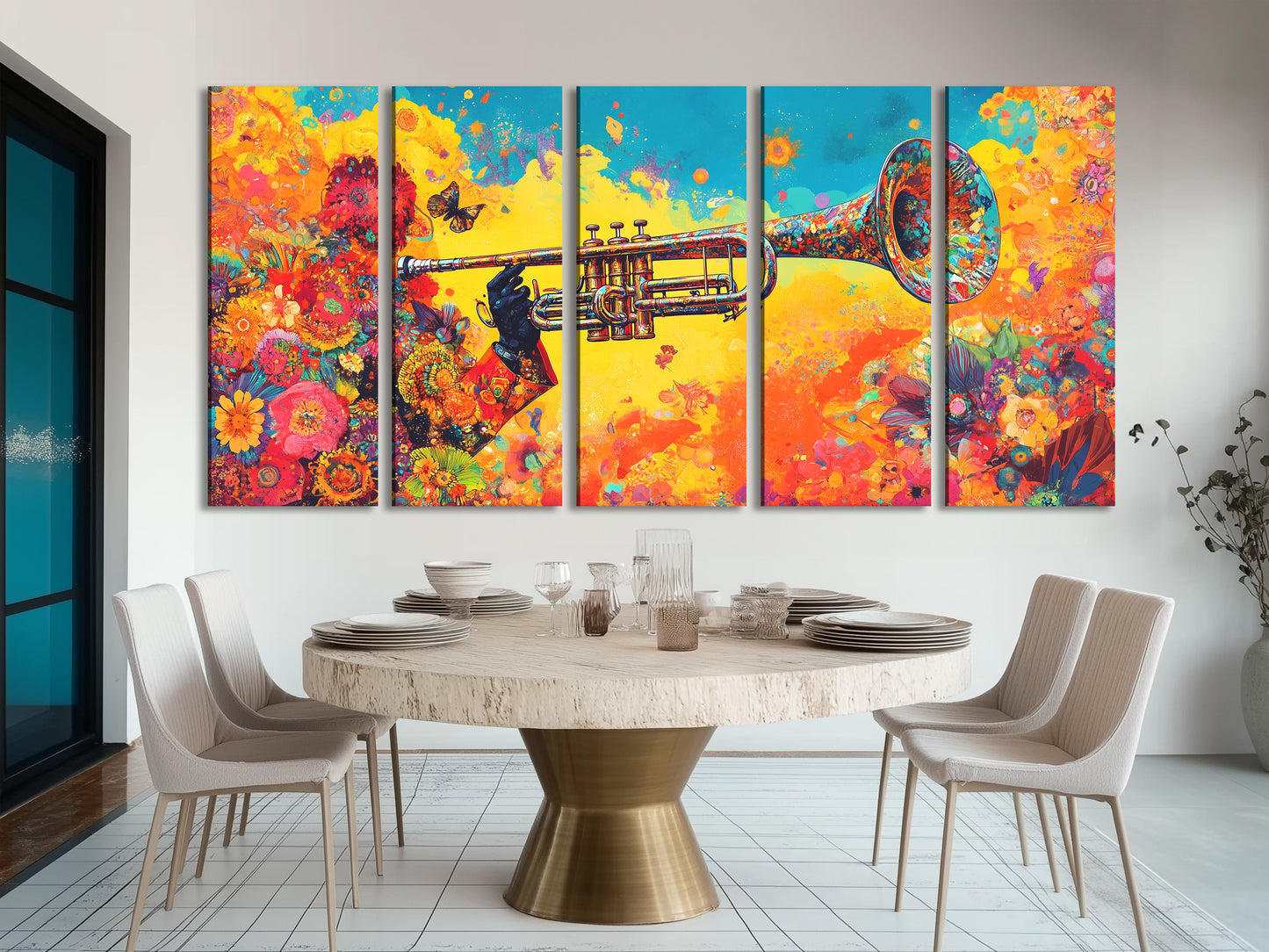 Floral trumpet canvas art with vibrant colors above a dining table in a modern setting