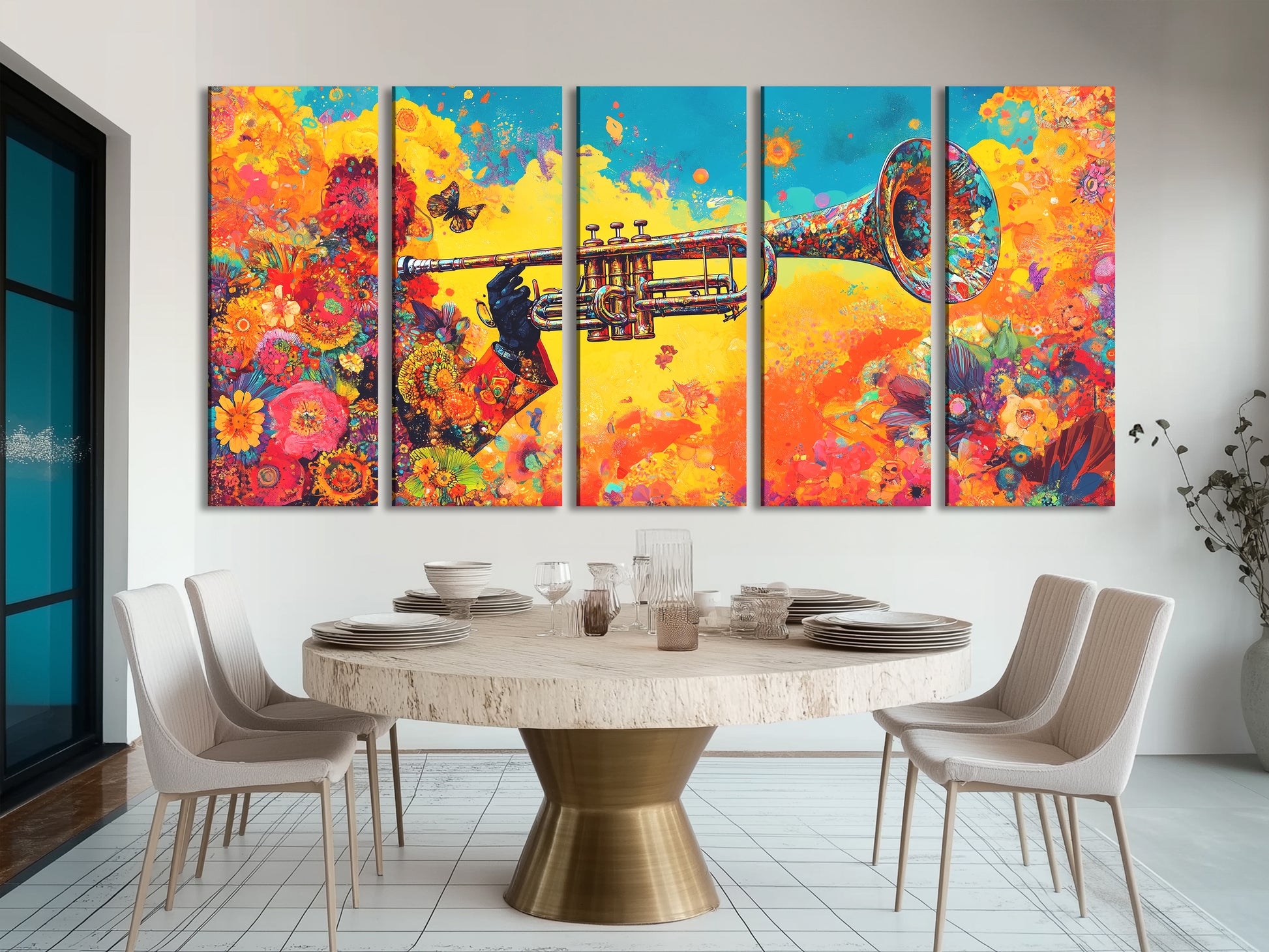 Floral trumpet canvas art with vibrant colors above a dining table in a modern setting
