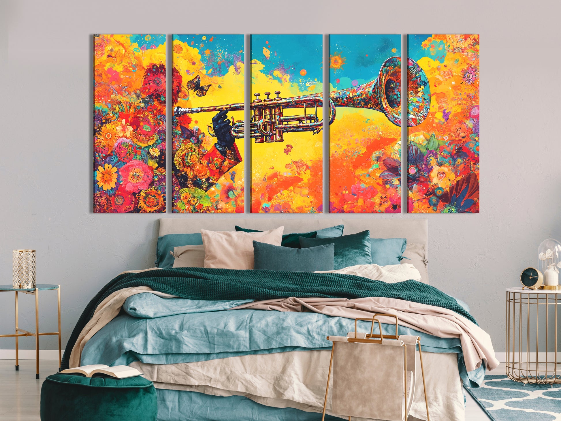 Floral trumpet canvas art with vibrant colors above a bed in a modern bedroom