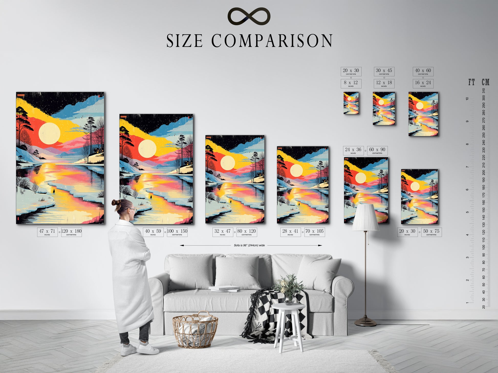 Size comparison chart in an interior setting featuring the Winter Sunset Canvas Print. The artwork displays a colorful lake landscape. Snowy forest artwork helps visualize the scale. Choose the perfect size for your space.