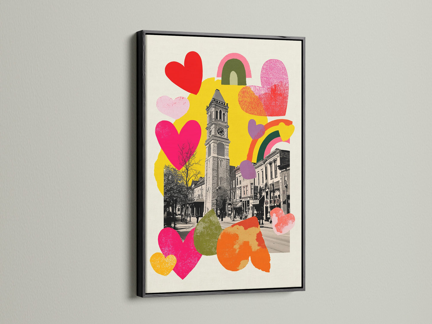 Artwork with a sleek black frame. The art features a clock tower. It also has colorful hearts and rainbows. A black frame provides a bold contrast. It makes the artwork stand out. Elevate your home decor with this striking piece of framed artwork. Shop now and transform your walls.