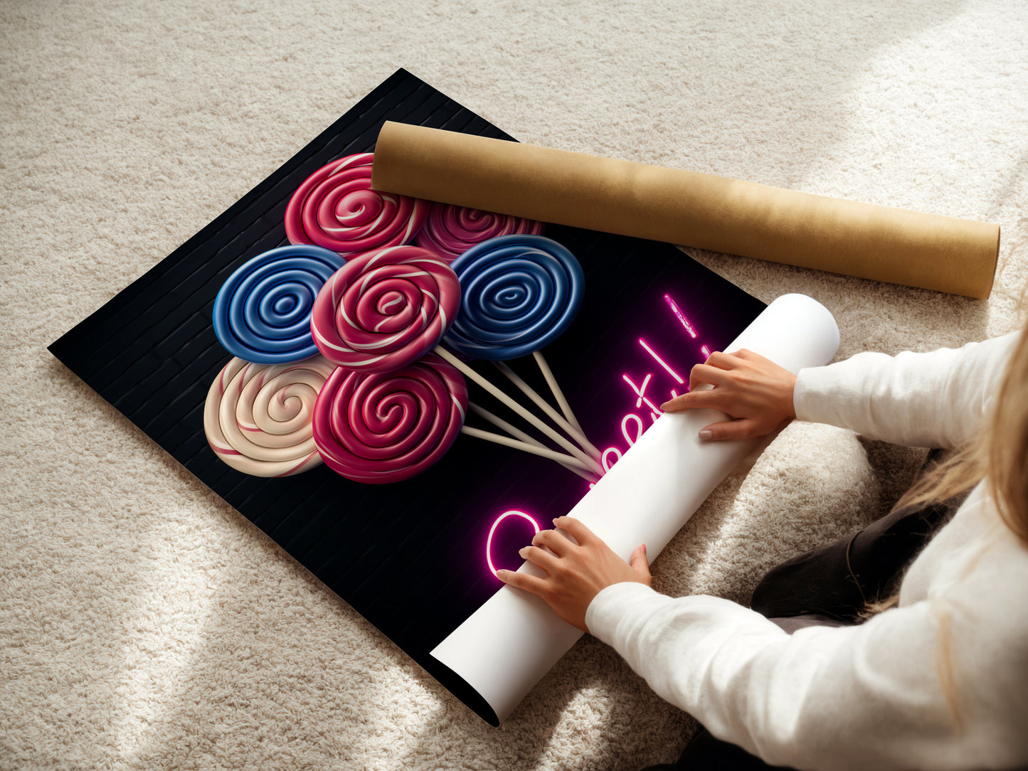 A woman is carefully rolling a fine art poster paper. The paper is high-quality. This ensures a smooth surface for printing detailed artwork. Perfect for creating stunning lollipop art. It is ideal for sweet treats wall art.