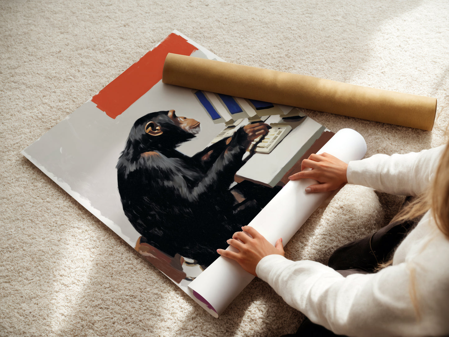 A woman carefully rolling a fine art poster paper. The paper features a monkey computer art print. This humorous artwork is ready to be framed. It's perfect for adding a quirky touch to your office decor. Fine art poster ensures high-quality and vibrant colors. Get this unique animal artwork today.