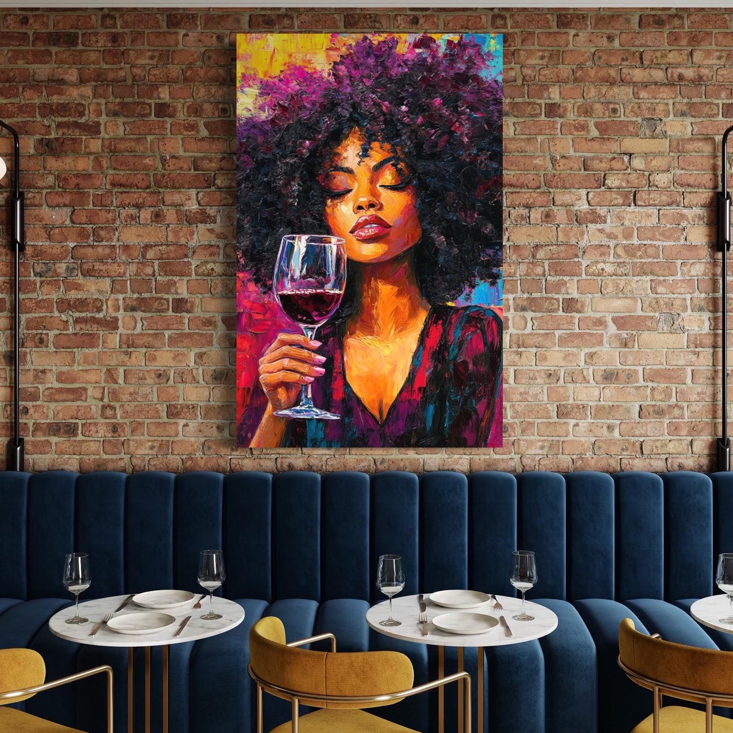 Arte de la pared de la mujer y el vino - Arte de lona de mujeres negras, pintura de amantes del vino, arte de pared afrocéntrico moderno, arte del vino para la decoración del bar o el restaurante de pared