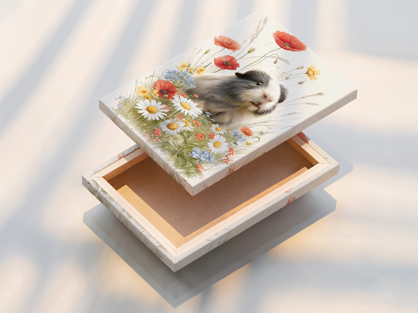 A stretched canvas print showcasing a charming guinea pig in a floral setting. The canvas is stretched perfectly. It is ready to hang. This format offers a gallery like feel. It brings artwork to life with texture and depth.