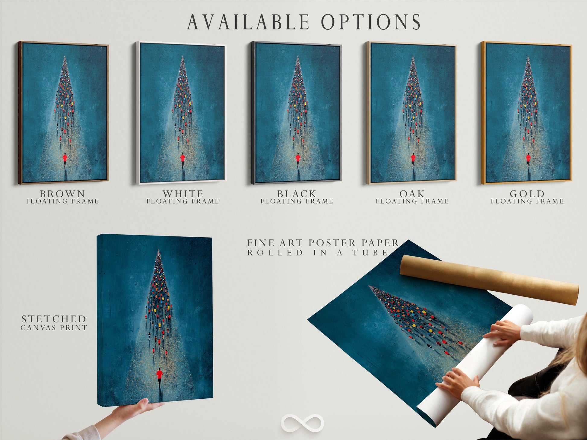 Explore the available options for the aerial swimmers artwork. Choose from a stretched canvas print a fine art poster paper or a floating frame. Each option enhances the ocean sports theme of the artwork. The artwork is ideal for home office decor or sports clinics. Find the perfect fit for your space.