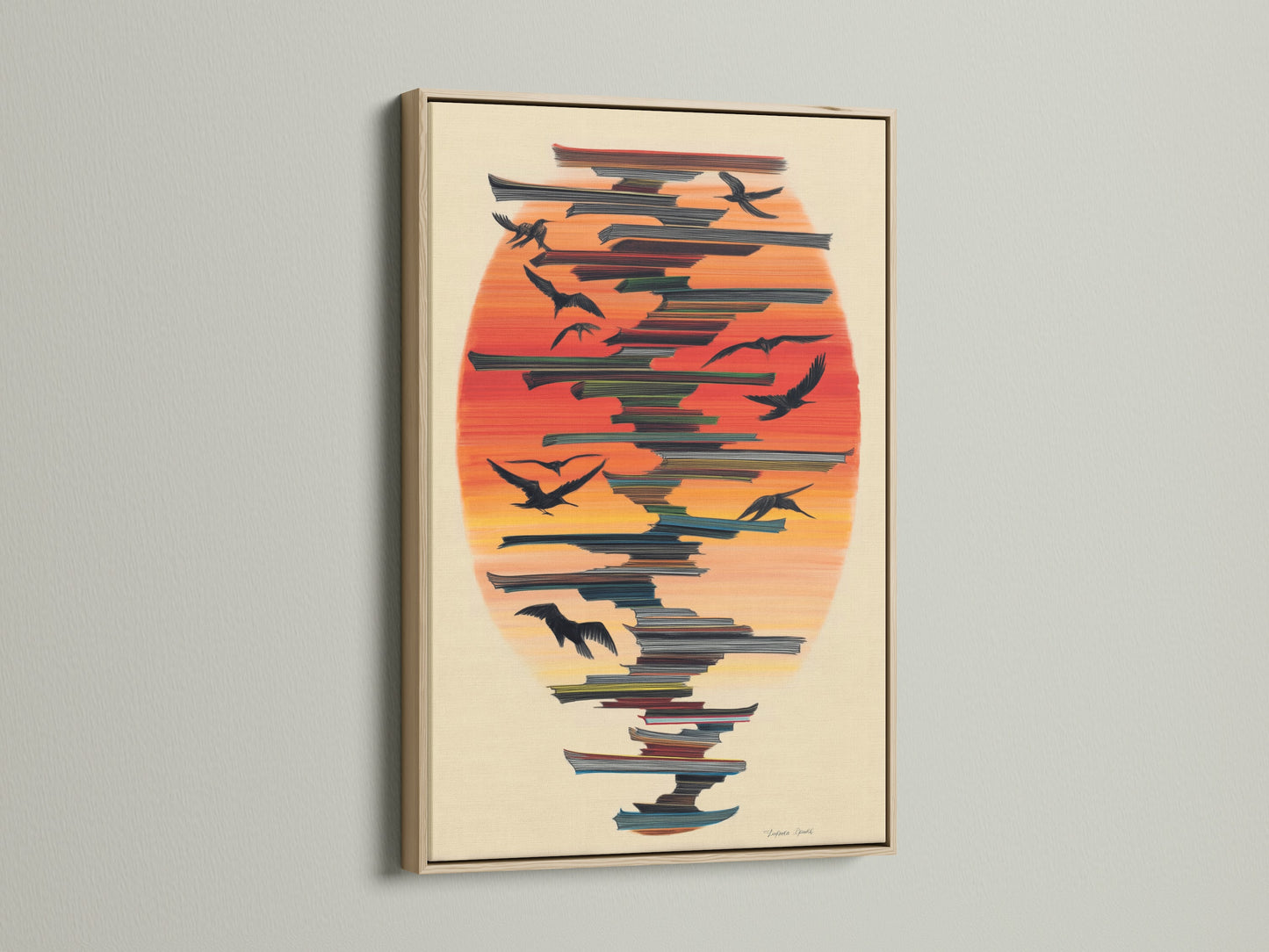 The Birds in Flight artwork is showcased in an oak frame. The sunset canvas enhances the coastal wall art. This abstract print adds a modern touch to any room. A great choice for bird wall decor.