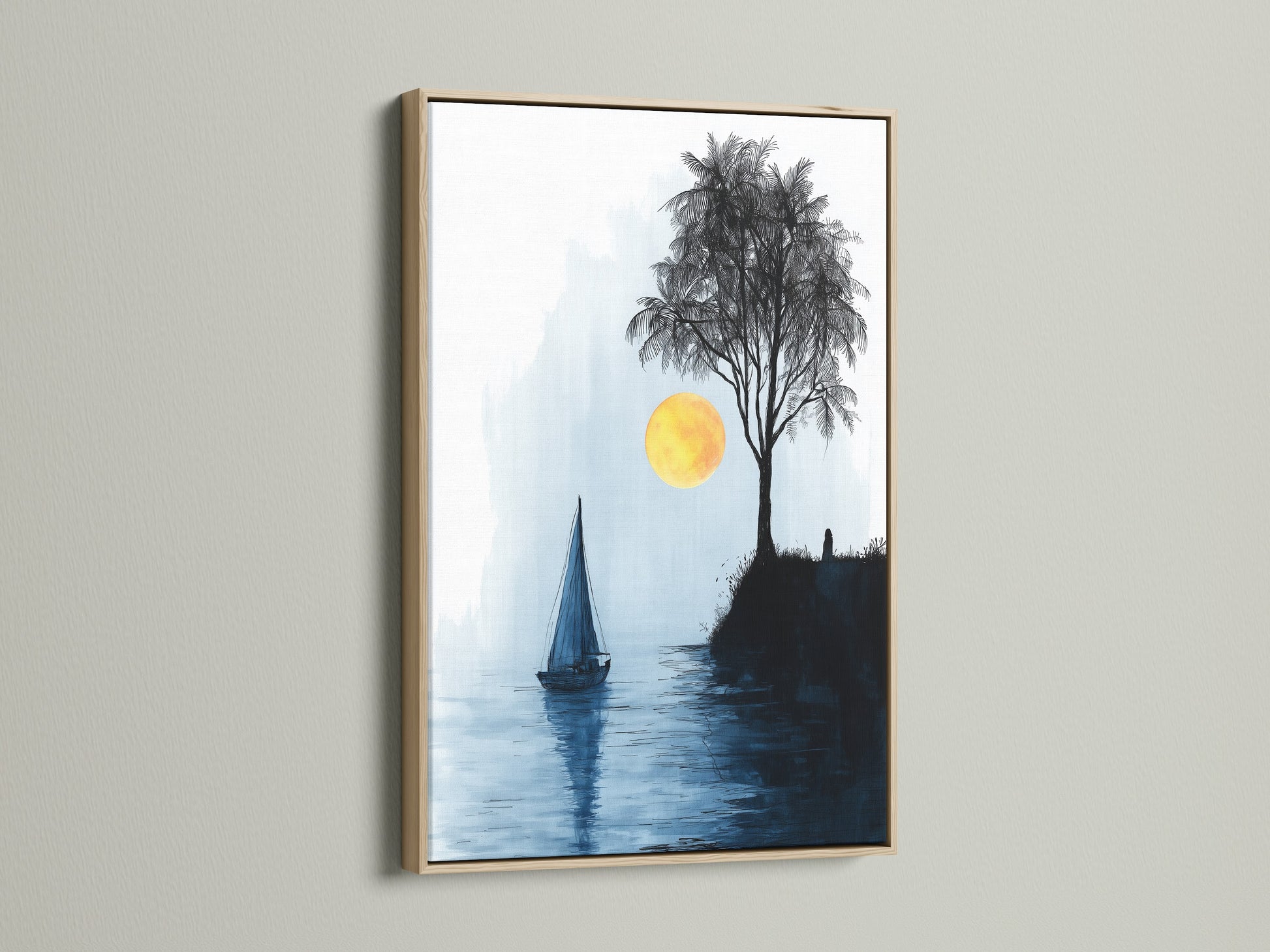 This minimalist art print of a sailboat at sunset is framed in oak. The coastal wall art adds a touch of nautical charm to any room. The blue and yellow hues create a calming seascape. Ideal for minimalist decor styles. Perfect for living rooms bedrooms or offices. Explore our selection of high quality framed artwork.