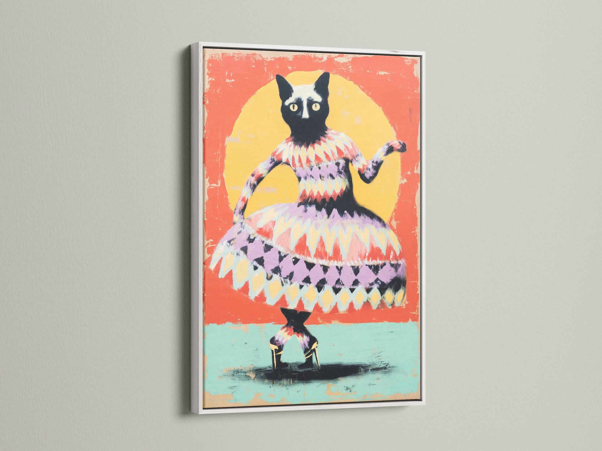 A white frame enhances this whimsical cat art print. The artwork is perfect for a kids room or nursery. The colorful cat print brings a playful animal art vibe. Get this children's art print to complete your boho cat art collection.
