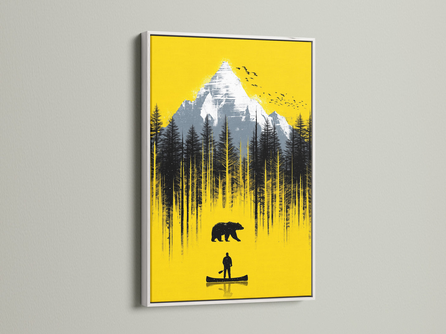 Mountain Bear artwork in a white frame. This landscape print brightens any room. Its adventure art is perfect for a study or office. The forest art print adds a touch of nature. Available framed in white.