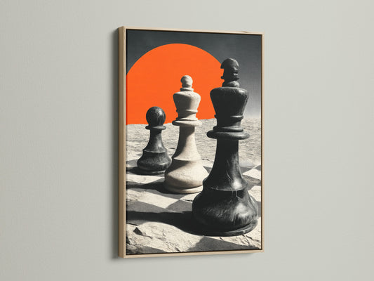 Chess piece artwork is framed in oak. The art is hanging on a clean white wall. The frame enhances the artwork. It provides a natural and warm aesthetic. This piece is ideal for adding a touch of elegance to any room. The oak frame beautifully complements the chess theme.