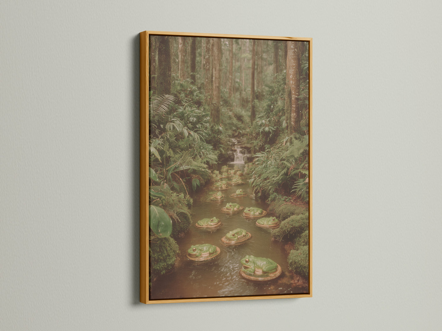 Framed frog pond artwork in a gold frame. The artwork captures a lush forest scene with green frogs. Nature print enhances any space with botanical charm. The gold frame adds a touch of elegance to this wall decoration. Ideal for homeowners renters and nature enthusiasts. This nature artwork brings wilderness art to your home.