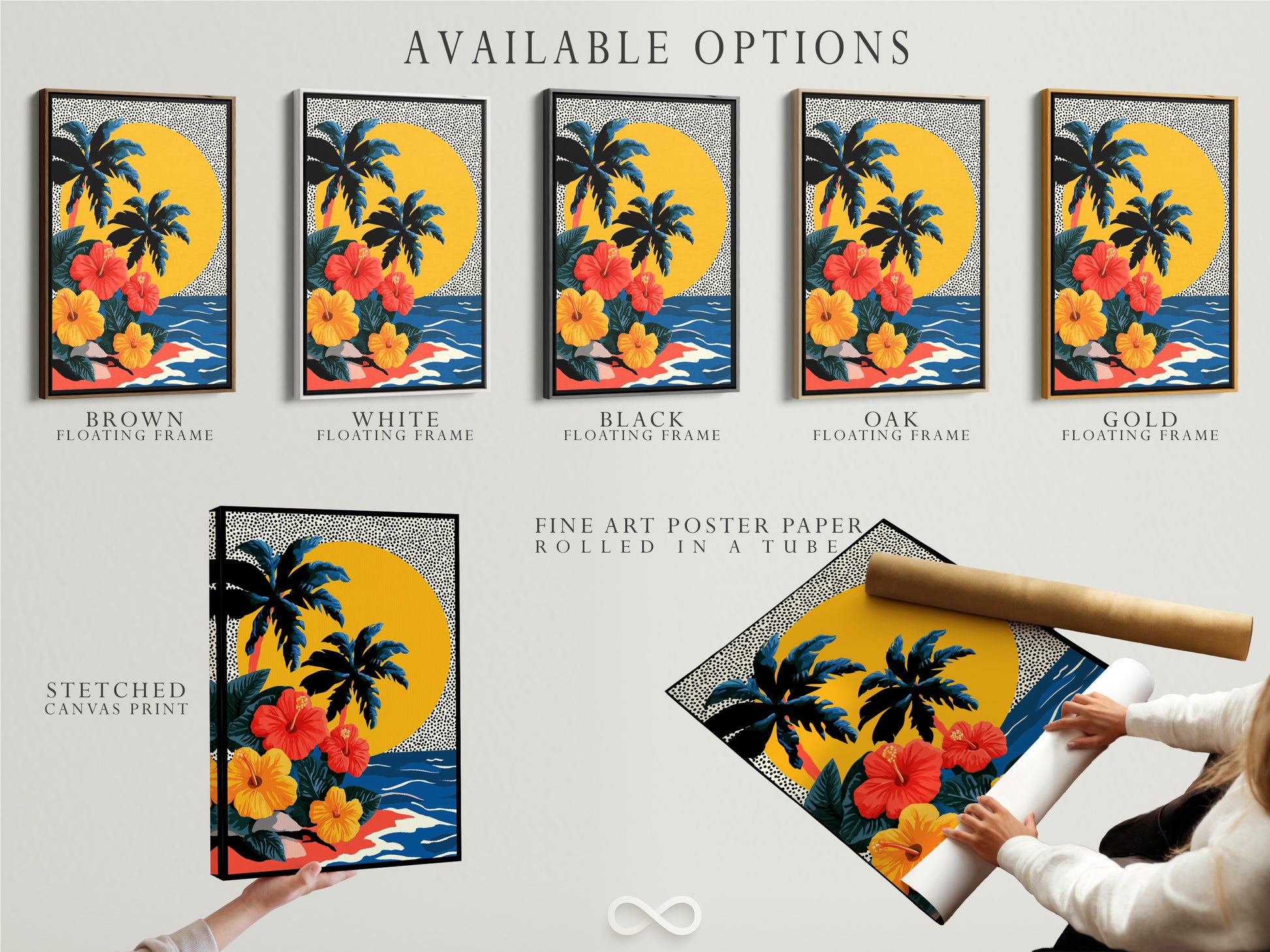 This image displays available options for purchasing artwork. Options include a stretched canvas print fine art poster paper and a floating frame. Customers can choose the option that best suits their style. The image provides a clear overview of the available product formats. Each option offers a unique look.