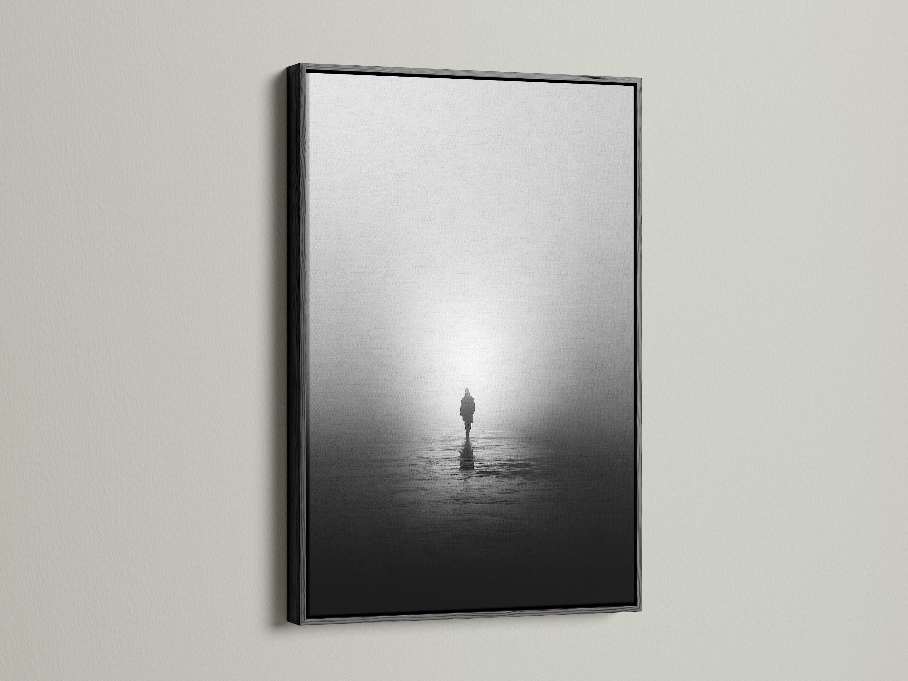 The black frame highlights the modern photography of this piece. This is a minimalist solitude canvas print. The foggy water reflection creates a contemplative mood. The artwork enhances office wall decor.