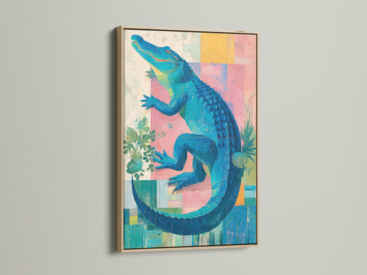 A vibrant alligator artwork is framed in oak. This tropical animal print brings a lively splash to any room. Ideal for bathroom wall art or living room decor. The oak frame enhances its natural charm.
