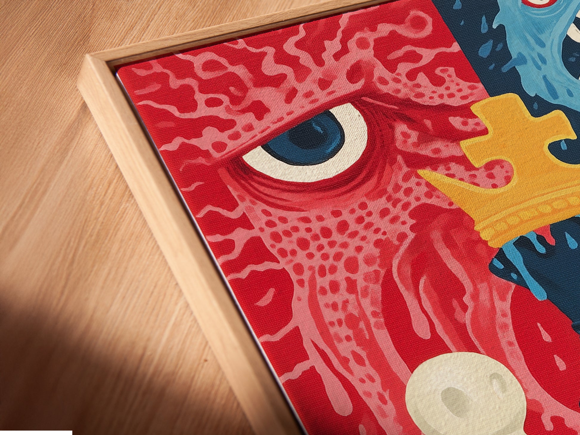 A close-up angled view reveals the canvas print in a floating frame. The floating frame gives a modern gallery look. The dark fantasy monster art is enhanced by this sleek display. Perfect for showcasing your unique wall art in a sophisticated manner. Elevate your game room art with this stylish framing option.