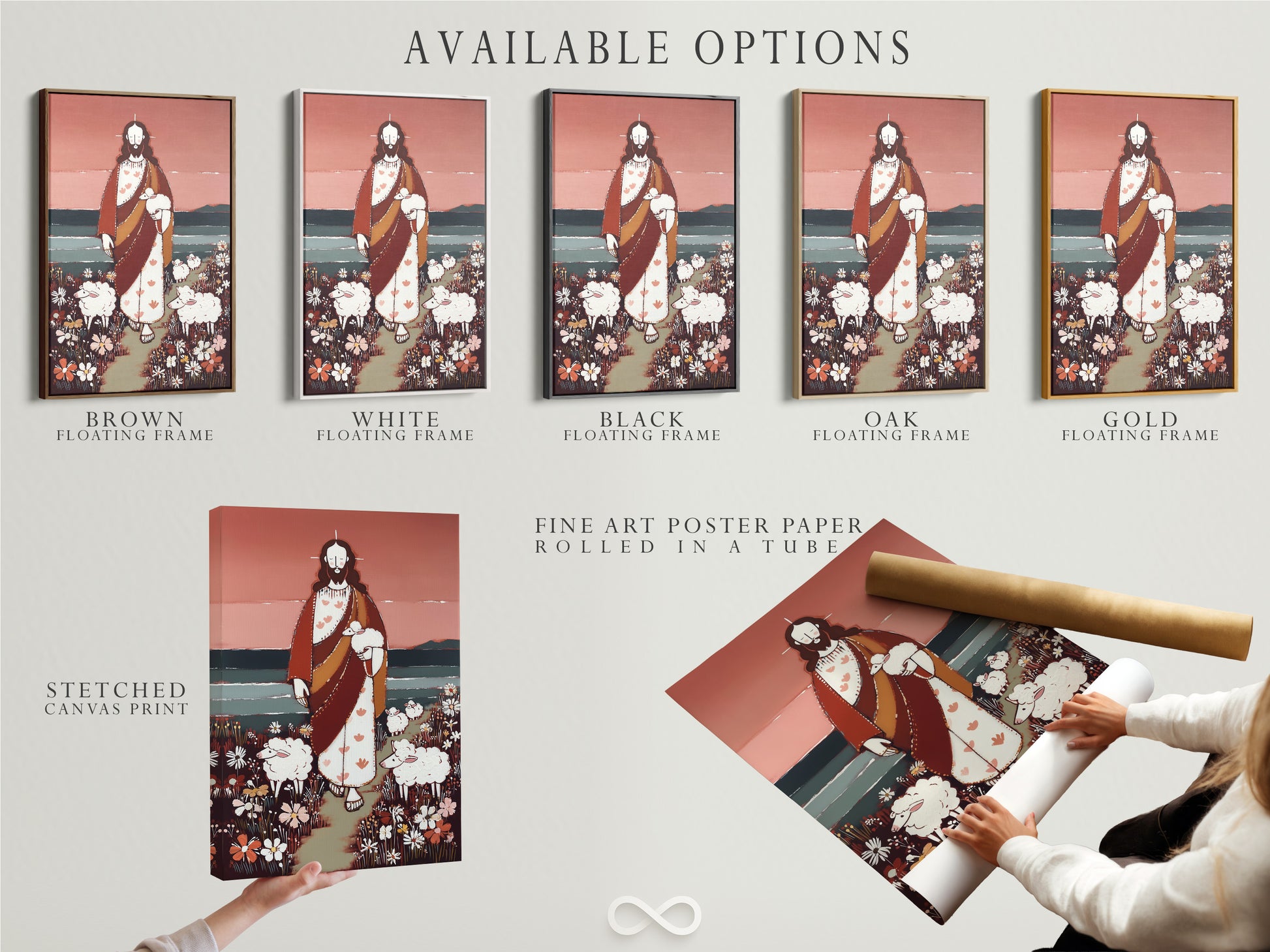 Available options include stretched canvas prints. Also fine art poster paper and floating frames. Choose your preferred medium and style. Customize your artwork to fit your taste. Explore various art display options.