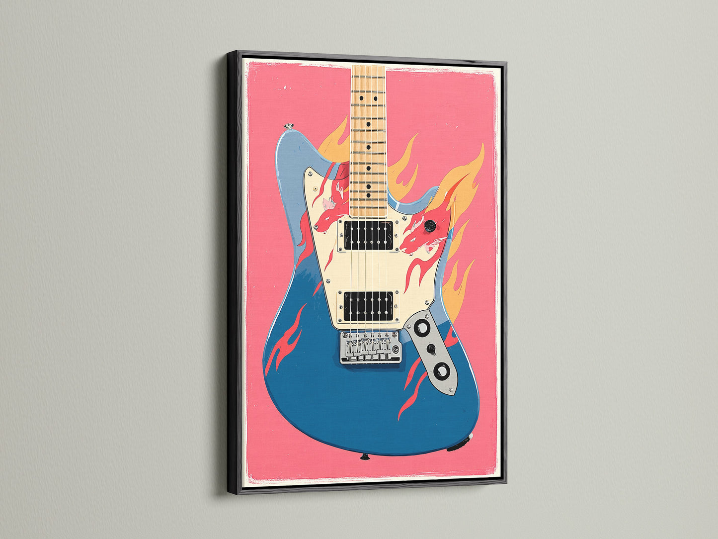 The electric guitar artwork is elegantly framed in black. This adds a touch of sophistication to the piece. The dark frame accentuates the bright guitar and dragon flame art. This is perfect for modern music themed art.