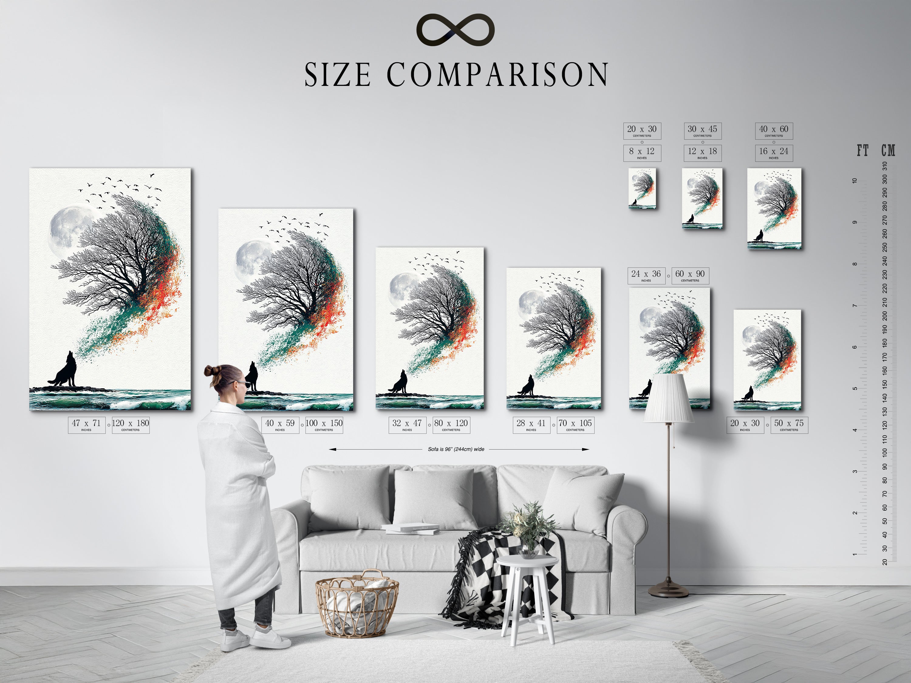 Size comparison chart for coastal tree artwork in an interior setting. See how different sizes fit in your space. Visualize the art in your living room or office. Find the perfect size for your wall.