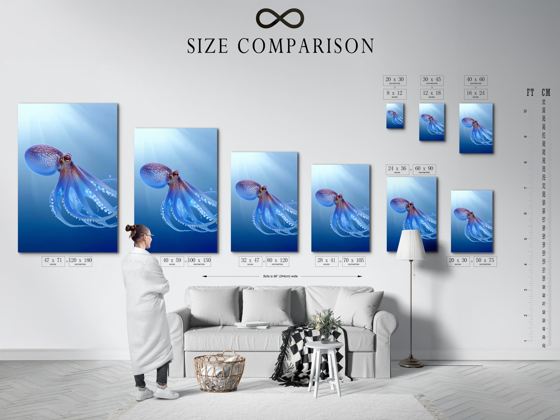 A size comparison chart is displayed in an interior setting. It helps visualize the perfect size for your octopus artwork. Choose the ideal dimensions for your teal blue sea canvas. Find the right fit for your marine animal artwork. See how the ocean print complements your space.