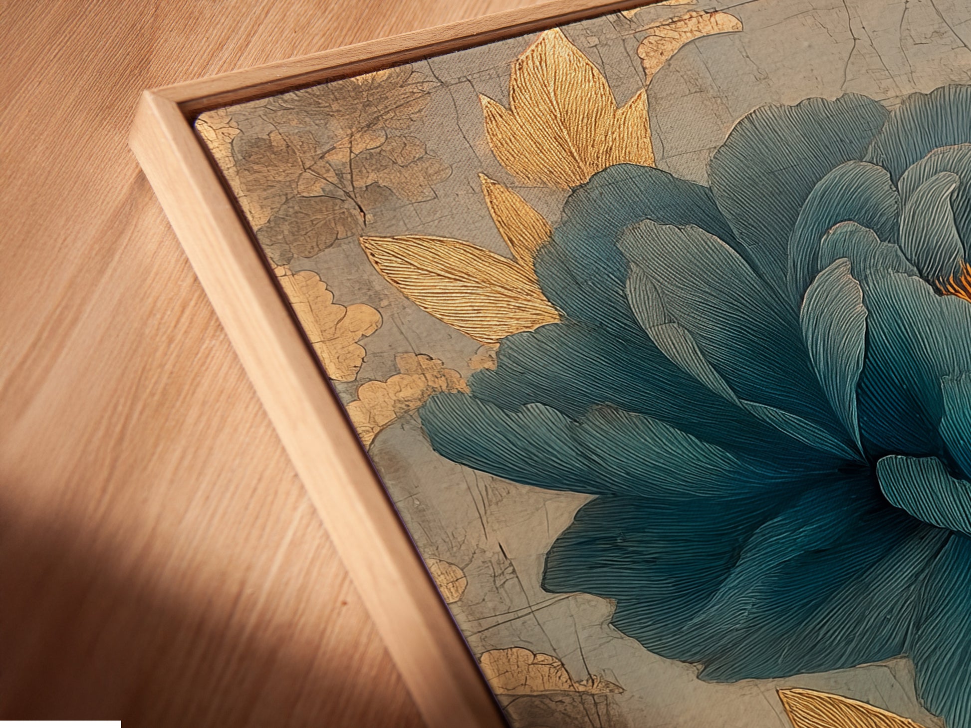 A close-up angled view of a canvas print in a floating frame. The art depicts a blue flower. The floating frame adds a modern touch. The canvas print is stretched and ready to hang.
