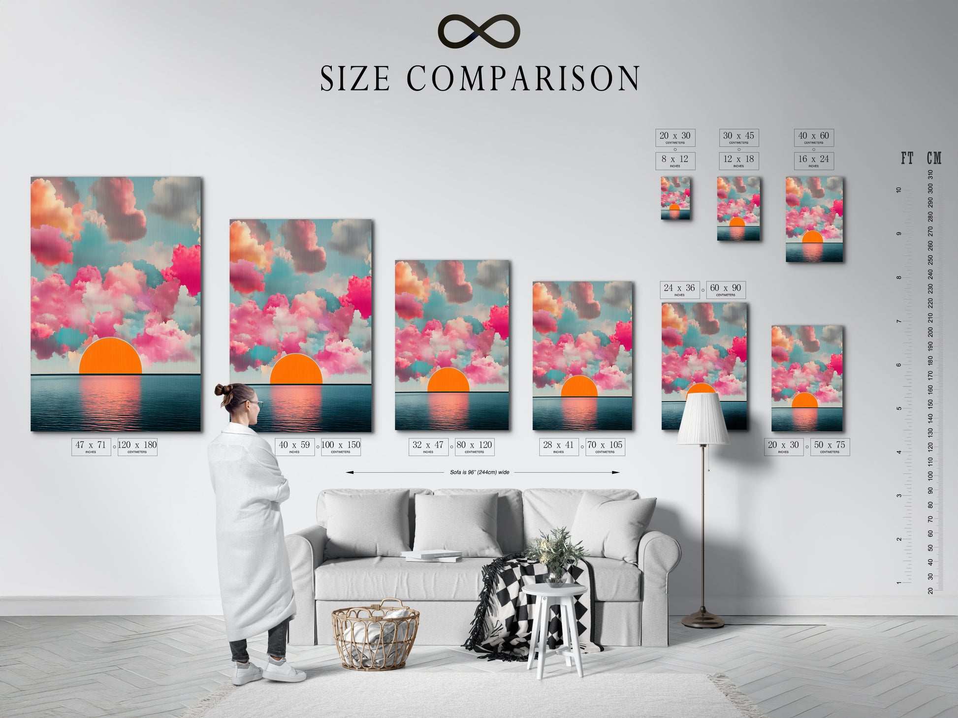 This is a size comparison chart in an interior setting. It helps you visualize the perfect dimensions for your Sunset Clouds artwork. Choose the ideal size for your living room wall art or bedroom wall decor. Ensure the artwork complements your space.