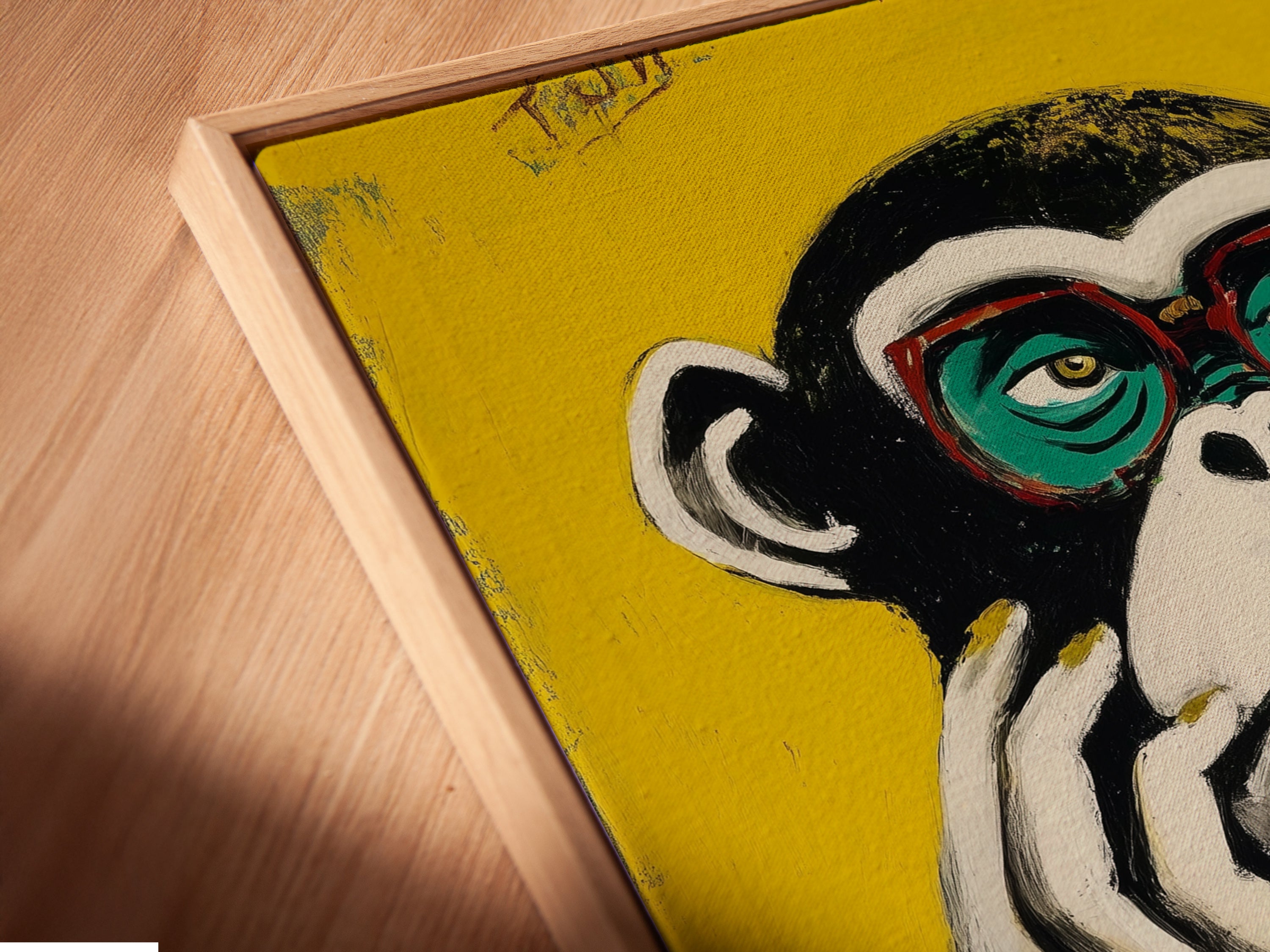 Close-up of a canvas print in a floating frame. The primate canvas art features a colorful monkey artwork. The floating frame adds a modern touch to the pop art print. The artwork is perfect for contemporary spaces. This animal wall decor is ideal for office wall art or funky home decor. The unique frame makes this piece stand out.