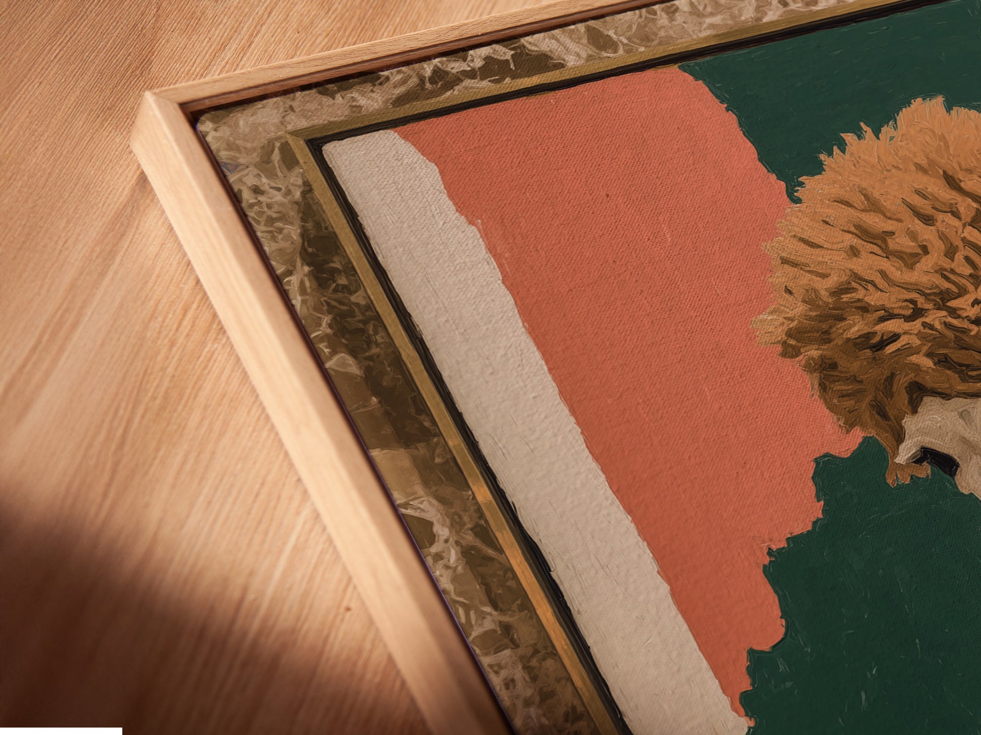 Angled close up view of a canvas print. This artwork is set in a floating frame. The quirky llama art is perfect for eclectic wall decor. The vintage style adds character to your space.