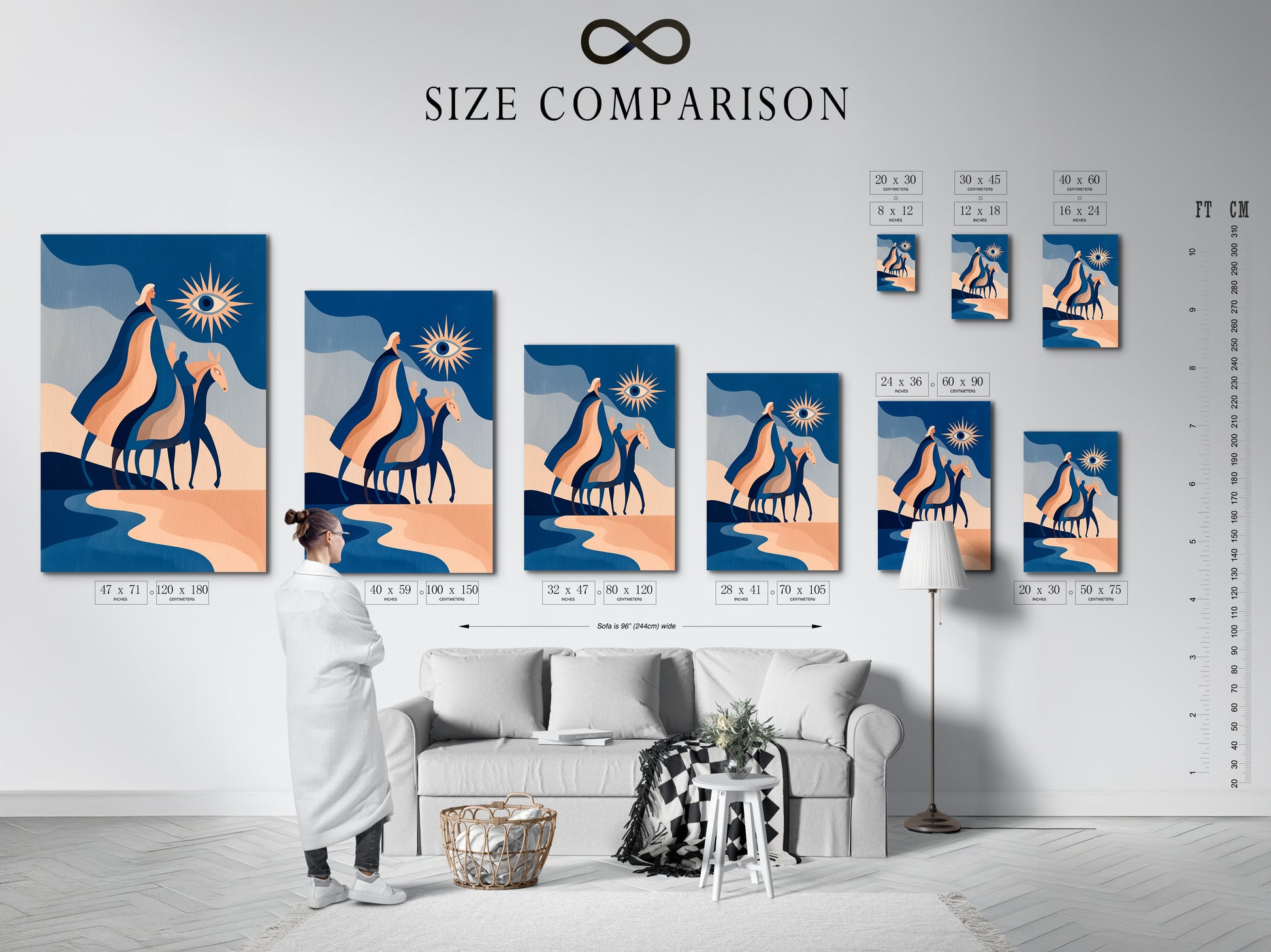 A size comparison chart in an interior setting. It shows the various sizes available for the modern abstract horse art. This blue terracotta canvas print can be customized to fit your space. Perfect for homeowners renters and interior stylists. This is a great piece for minimalist boho or eclectic interiors