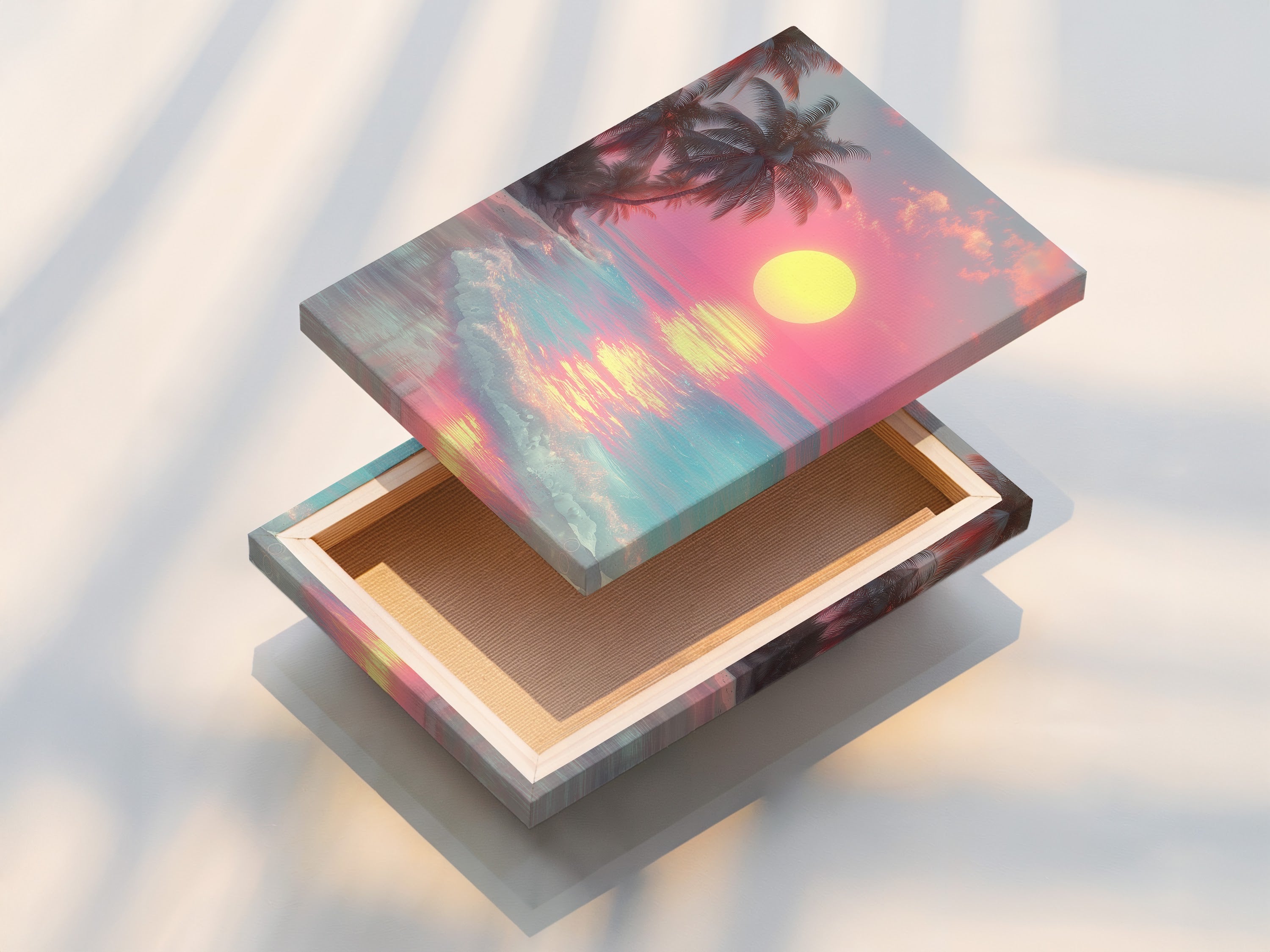 A stretched canvas print featuring a tropical beach and sunset. The canvas is stretched tightly over a frame. Ready to hang and enjoy. The artwork brings a touch of paradise to your living space.