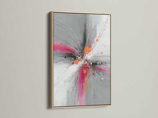 Abstract Burst artwork featuring pink gray and orange tones in an oak frame. This explosion print brings a contemporary touch to any room. Ideal for modern minimalist or eclectic spaces. Enhance your decor with this colorful wall art. The oak frame adds a natural warmth.