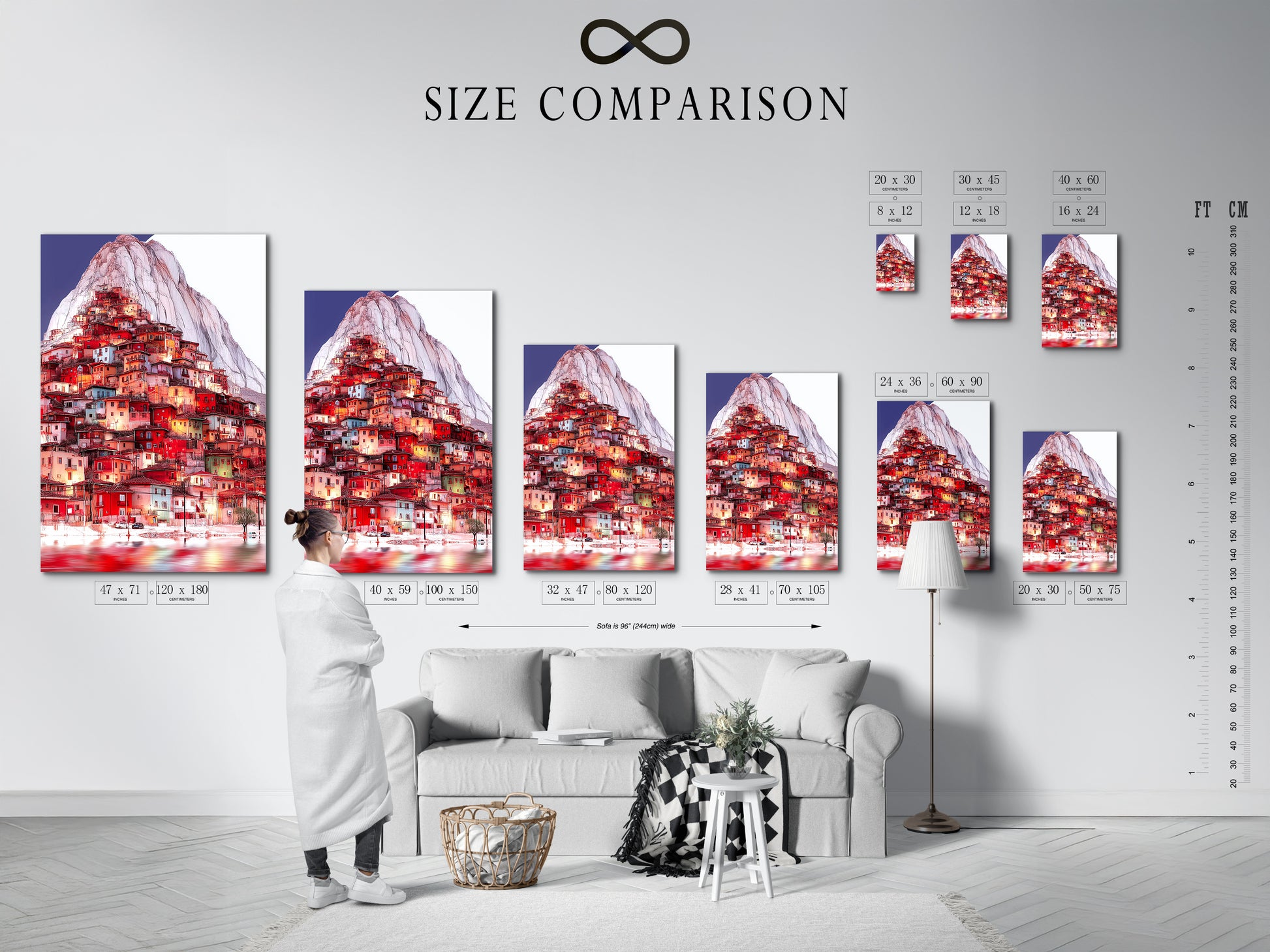 A size comparison chart shows the Mountain Village artwork in an interior. See how this hillside print fits in various spaces. Visualize the impact of this European village artwork in your home.
