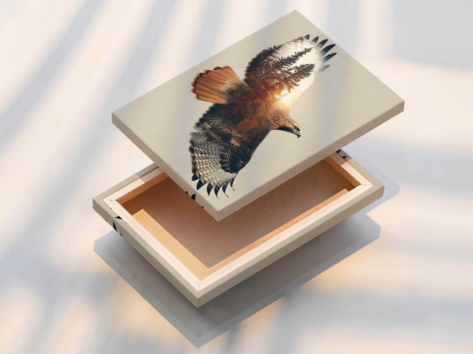 A stretched canvas print of the Eagle Forest artwork. This shows the texture and depth of the canvas. The stretched canvas print enhances the wildlife artwork. It creates a gallery-worthy piece for your home. Ideal for adding a touch of nature to any space. Look at the fine details.