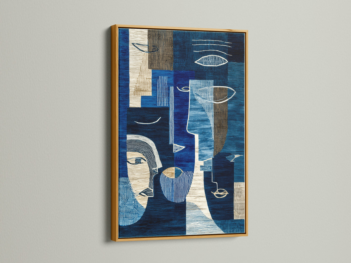 This is an abstract blue art print set in a gold frame. The modern geometric canvas wall art exudes luxury. The navy wall art brings a touch of elegance to showrooms and studios. Transform any room with this contemporary artwork. This is a great geometric canvas