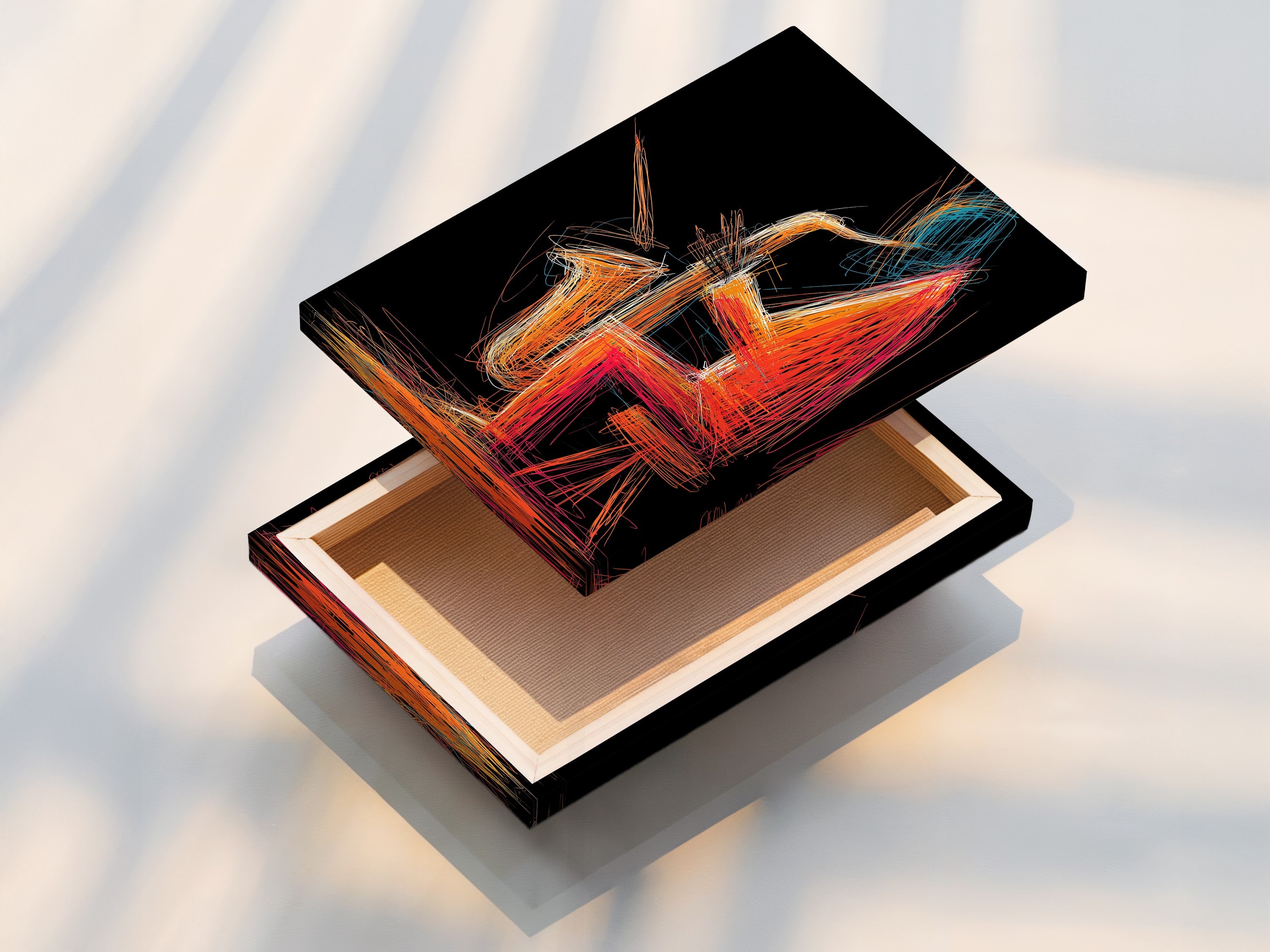 A stretched canvas print of the Jazz Saxophone Art Print. The abstract music wall art is ready to hang. The canvas enhances the texture and depth of the artwork. Perfect for creating a focal point in any room with this vibrant wall art.