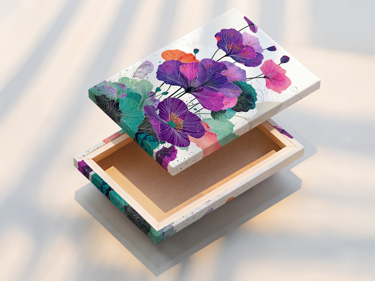 A beautifully stretched canvas print featuring purple botanical wall art. Ready to hang this modern flower artwork brings life to any room. Experience the texture and depth of our floral canvas art. Ideal for adding a touch of nature-inspired elegance to your living spaces with purple home decor.