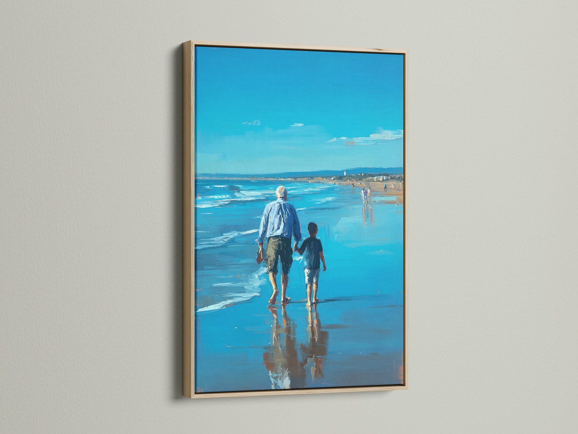 A wall-mounted artwork is showcased with an oak frame. The art piece depicts a man and child walking on the beach. The artwork adds warmth and character to the space. The oak frame complements the artwork beautifully. This piece enhances any room's decor.