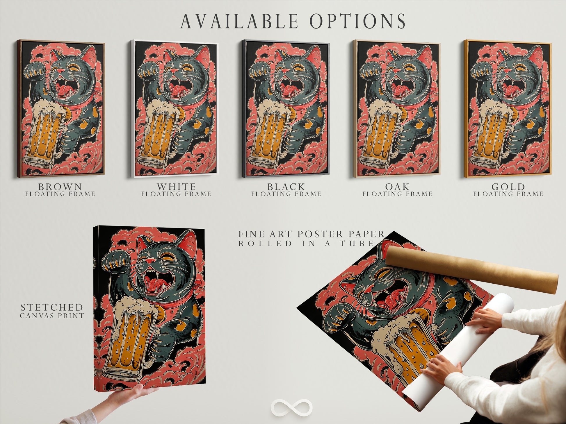 Available options are showcased. Options include a stretched canvas print. Fine art poster paper is also available. You can have it in a floating frame. Explore various display styles to suit your taste.